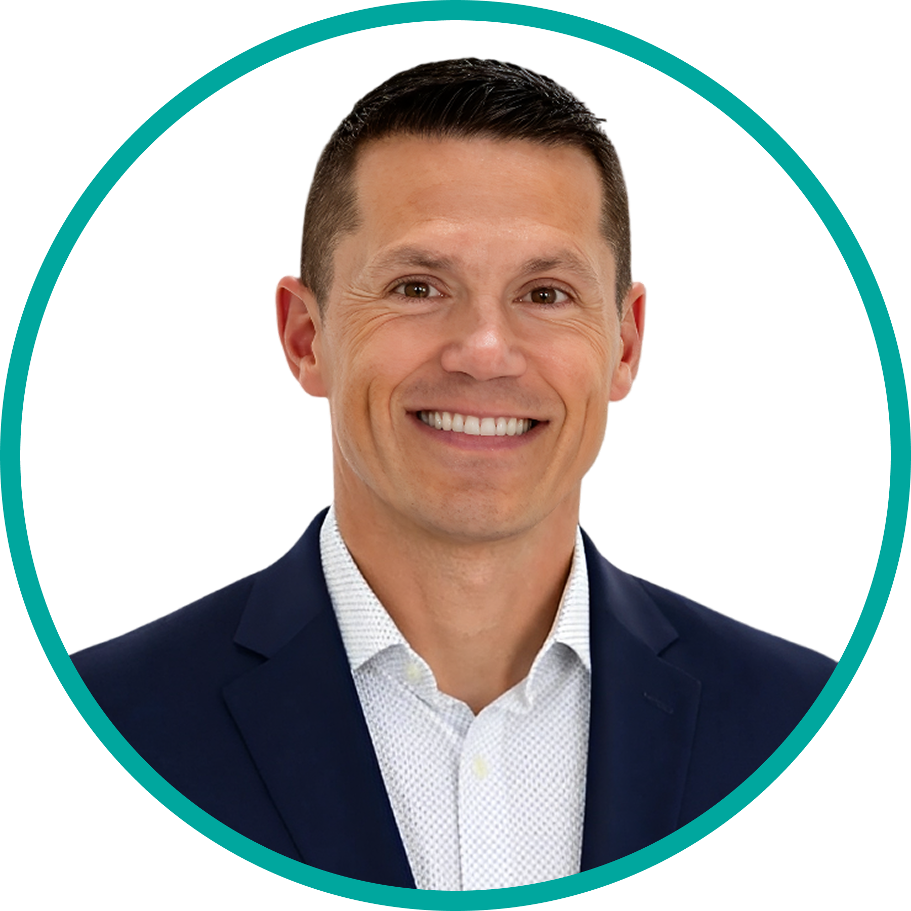 Smiling professional man headshot in navy suit